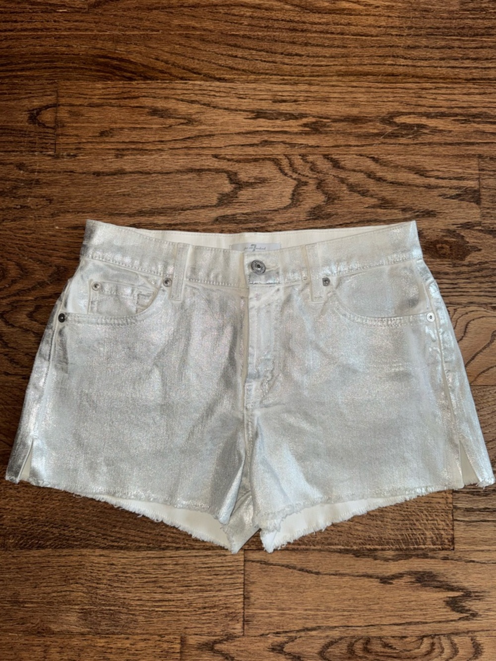 7 for all mankind metallic silver mini short shorts cut offs 26 2 Small mid rise